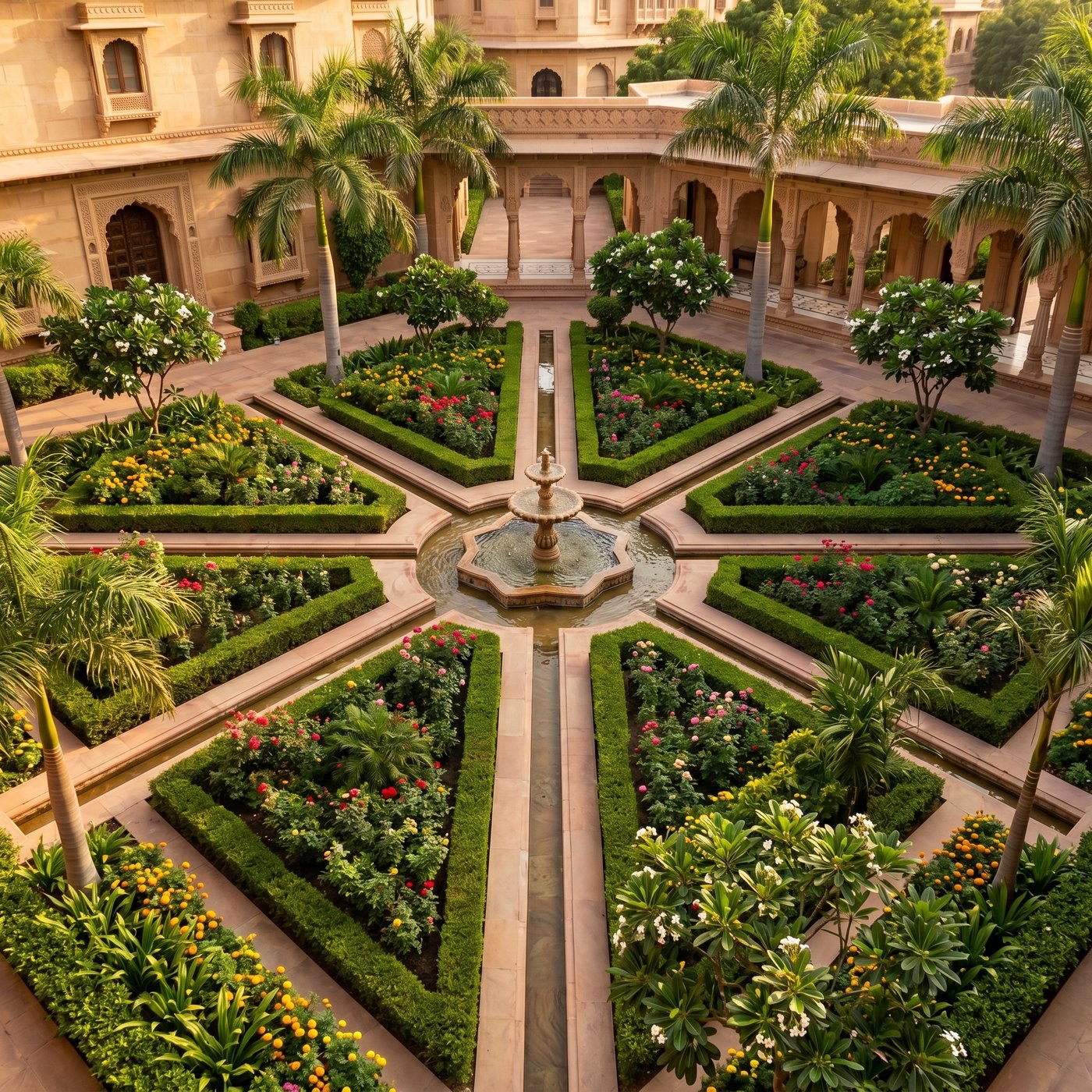 Formal courtyard garden with symmetrical plantings and stone fountain